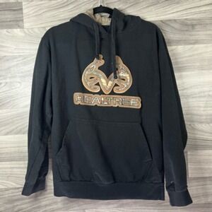 Realtree Womens Hoodie‎ Black Pullover Long Sleeve Kangaroo Pockets Camo Logo M
